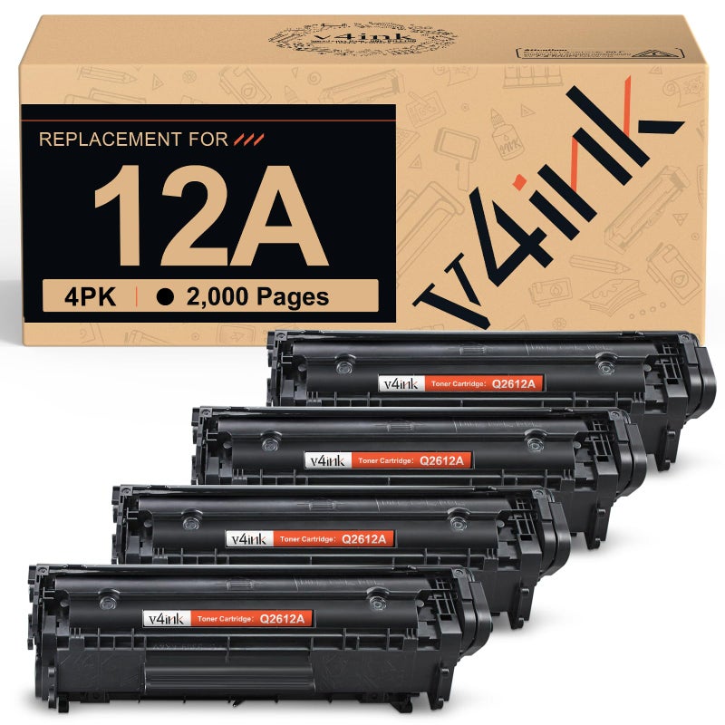 v4ink 4PK Compatible 12A Toner Cartridge Replacement for 12A Q2612A Toner Black Ink for use with HP 1012 1018 1020 1022 1022N 3015 M1005 M1319F Canon D420 D450 D480 MF4150 MF4350D MF4370DN Printer - Image 1